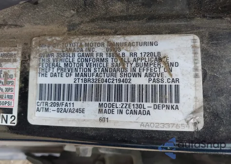 2004 Toyota Corolla Le from USA, damaged, VIN 2T1BR32E04C219402